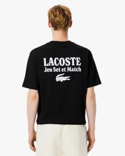 T-shirt Lacoste loose-fit nera con stampa scritta ispirata al tennis