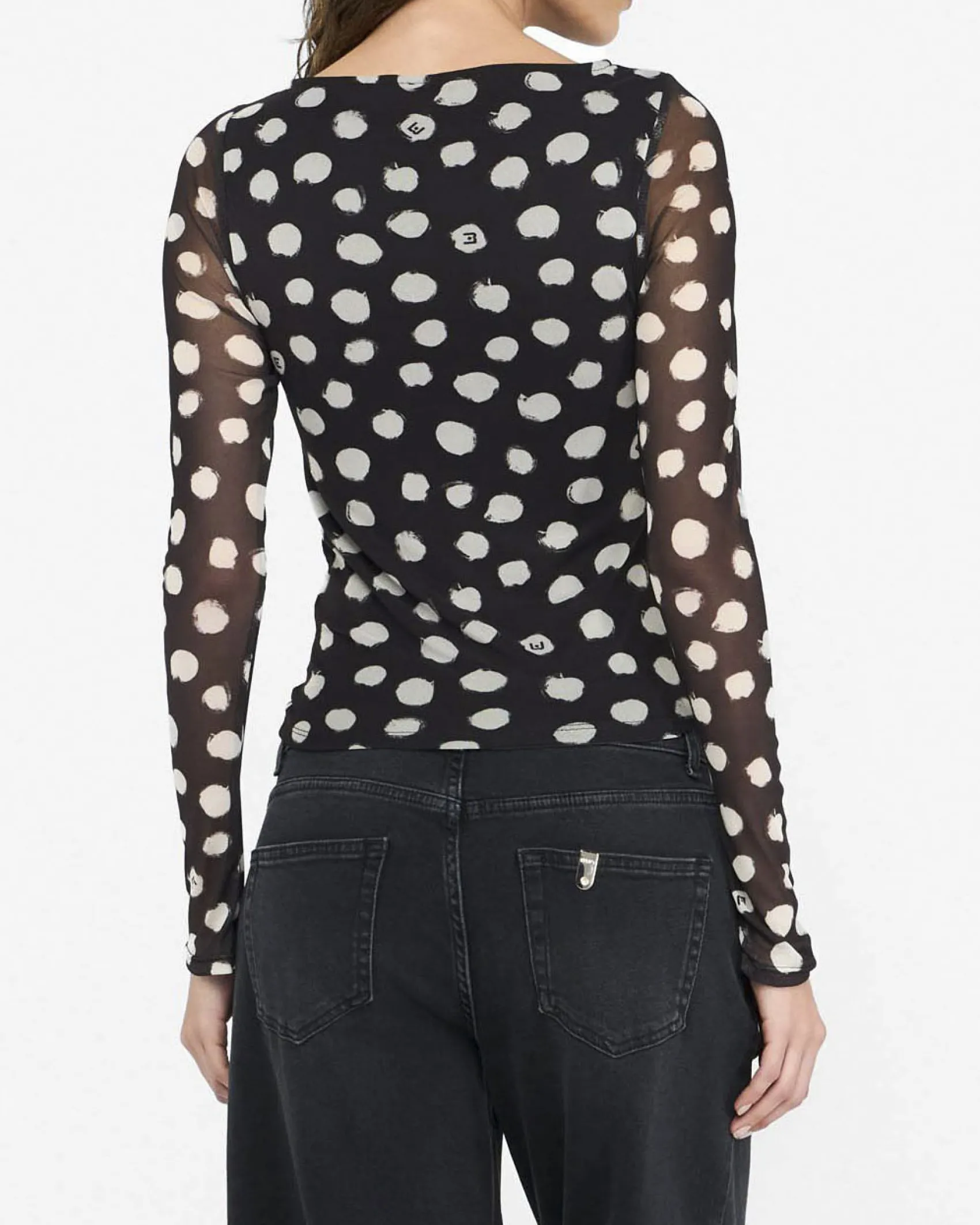 T-shirt Liu Jo Jeans nera in jersey stretch con pois a contrasto