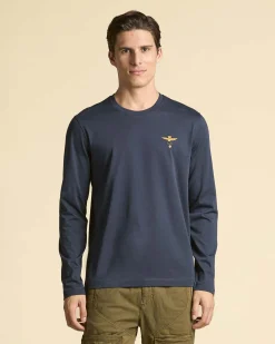 T-shirt manica lunga Aeronautica Militare blu con ricamo aquila turrita sul petto