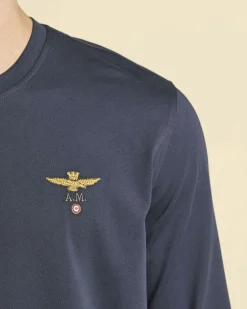 T-shirt manica lunga Aeronautica Militare blu con ricamo aquila turrita sul petto