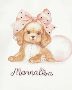 T-shirt manica lunga Monnalisa color avorio con stampa cagnolino e strass
