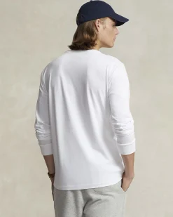 T-shirt manica lunga Polo Ralph Lauren bianca in puro cotone con logo pony blu ricamato sul petto