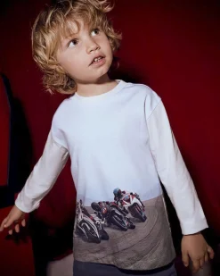 T-shirt Mayoral color avorio in puro cotone a maniche lunghe con stampa moto