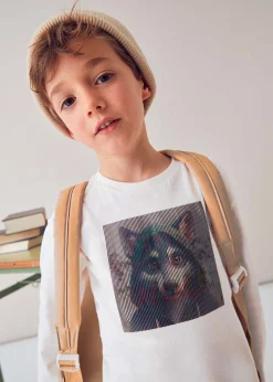 T-shirt Mayoral color avorio in puro cotone a maniche lunghe con stampa 3D lupo