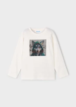 T-shirt Mayoral color avorio in puro cotone a maniche lunghe con stampa 3D lupo