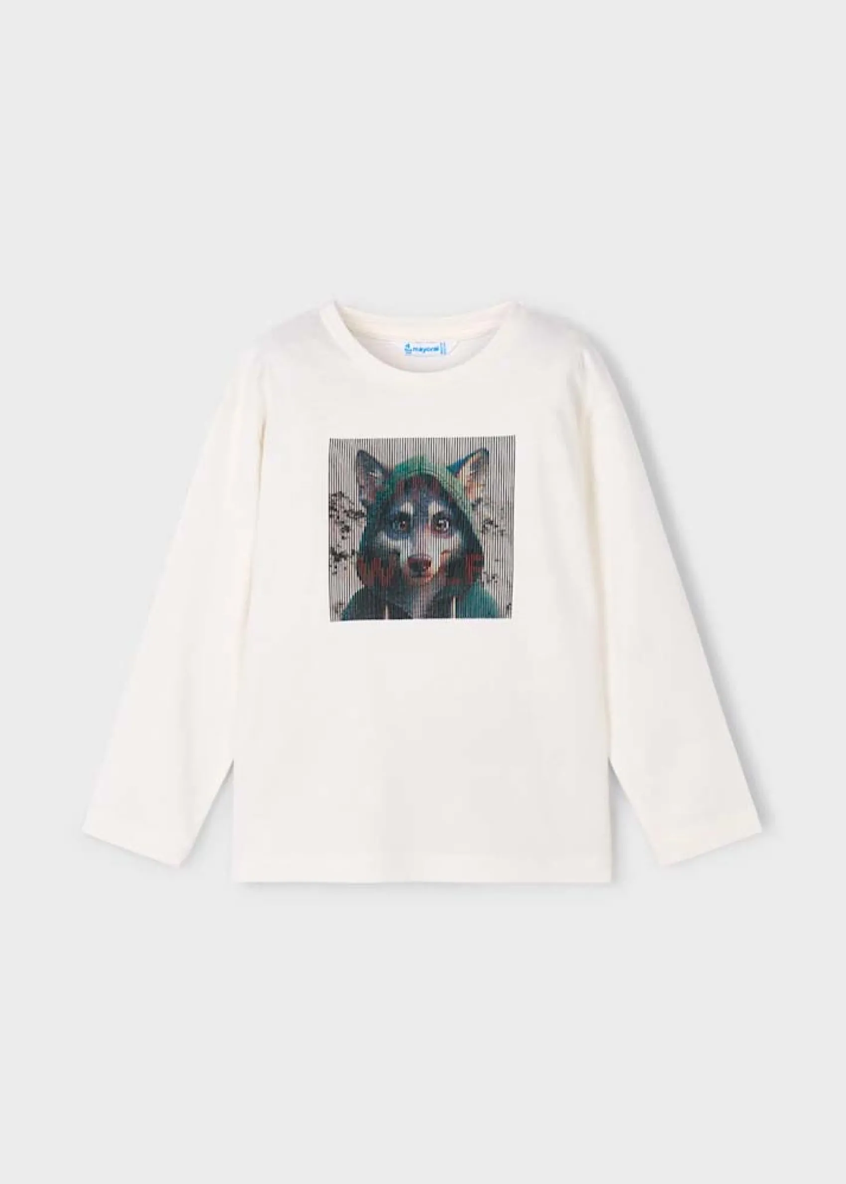 T-shirt Mayoral color avorio in puro cotone a maniche lunghe con stampa 3D lupo