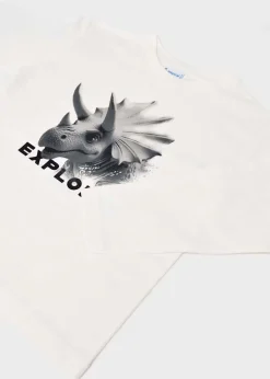 T-shirt Mayoral color avorio in puro cotone a maniche lunghe con stampa lrinoceronte e scritta 'Explorer'