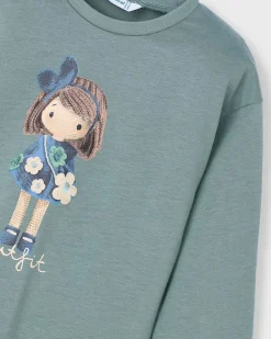 T-shirt Mayoral color salvia in puro cotone a maniche lunghe con bambolina