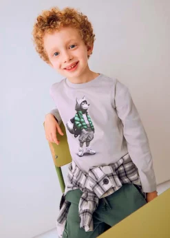 T-shirt Mayoral grigia in puro cotone a maniche lunghe con stampa lupo