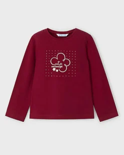 T-shirt Mayoral in cotone stretch rossa a maniche lunghe con stampa fiore