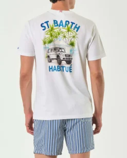 T-shirt MC2 Saint Barth bianca con stampa St. Barth Habitué piccola sul petto e maxi sul retro