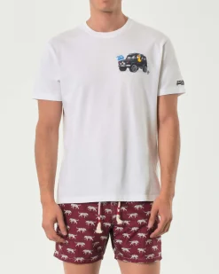 T-shirt MC2 Saint Barth bianca con stampa piccola fuoristrada duck gang sul petto e maxi sul retro