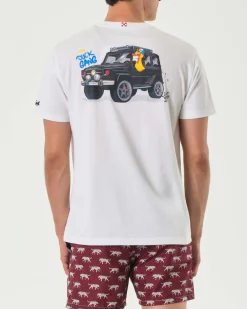 T-shirt MC2 Saint Barth bianca con stampa piccola fuoristrada duck gang sul petto e maxi sul retro
