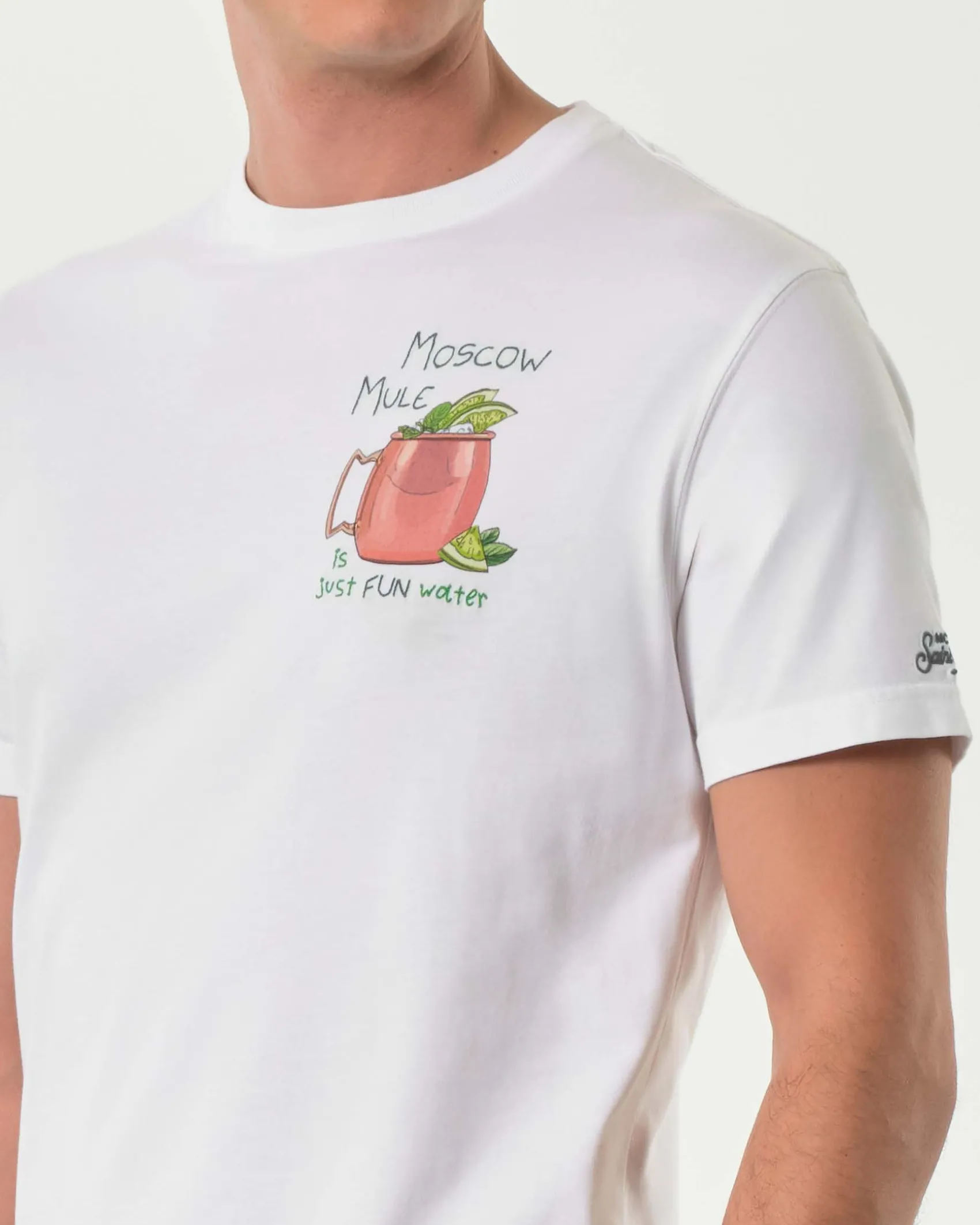 T-shirt MC2 Saint Barth bianca con stampa e ricamo Moscow Mule sul petto