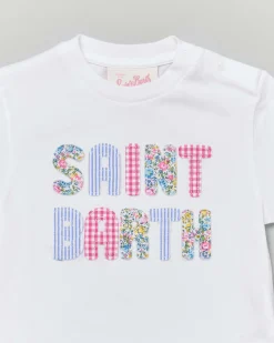 T-shirt MC2 Saint Barth bianca con scritta logo ricamata in multi fantasia