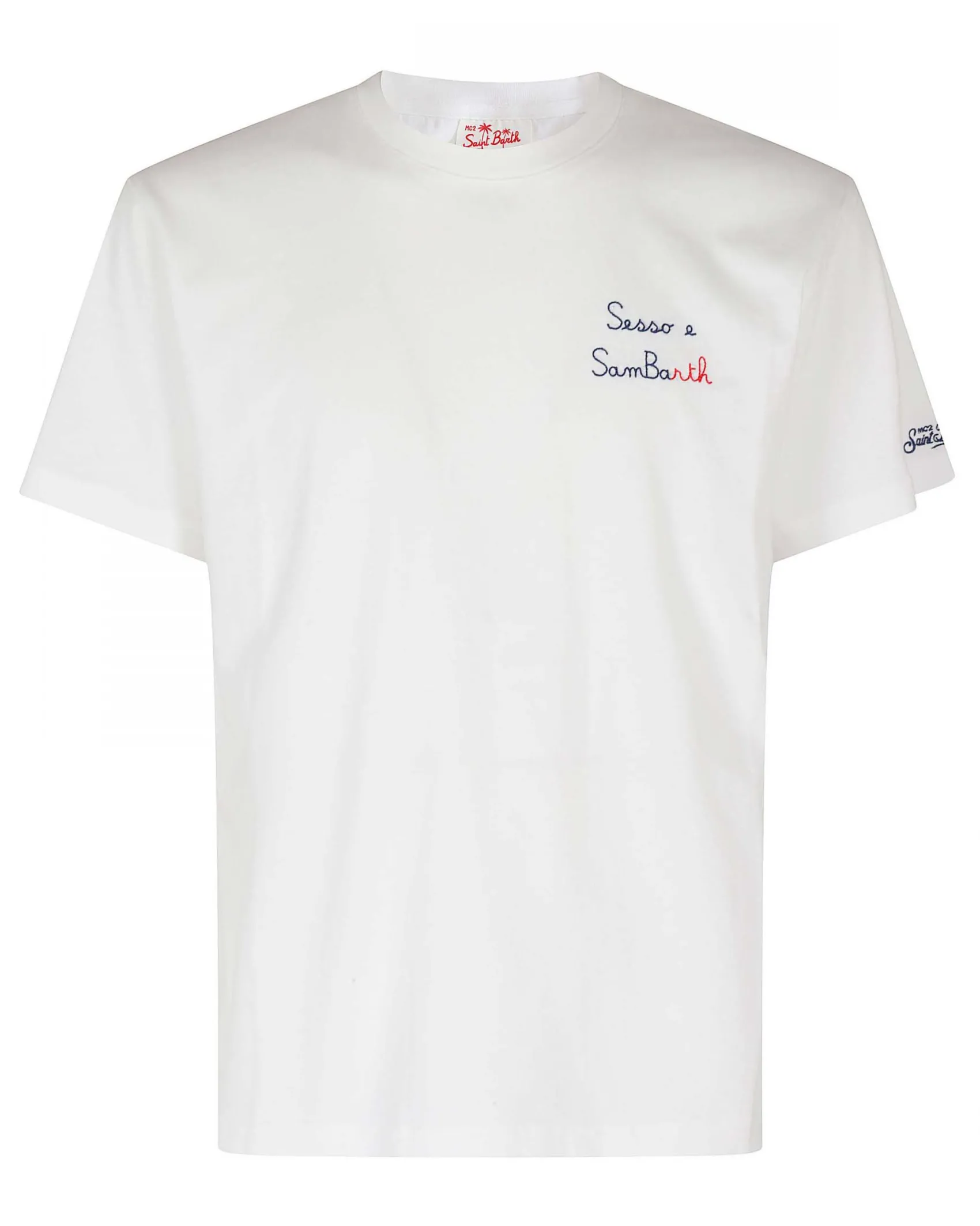 T-shirt MC2 Saint Barth bianca con ricamo Sesso e SanBarth sul petto