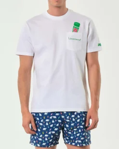 T-shirt MC2 Saint Barth bianca con taschino e ricamo Limoniamo? sul petto