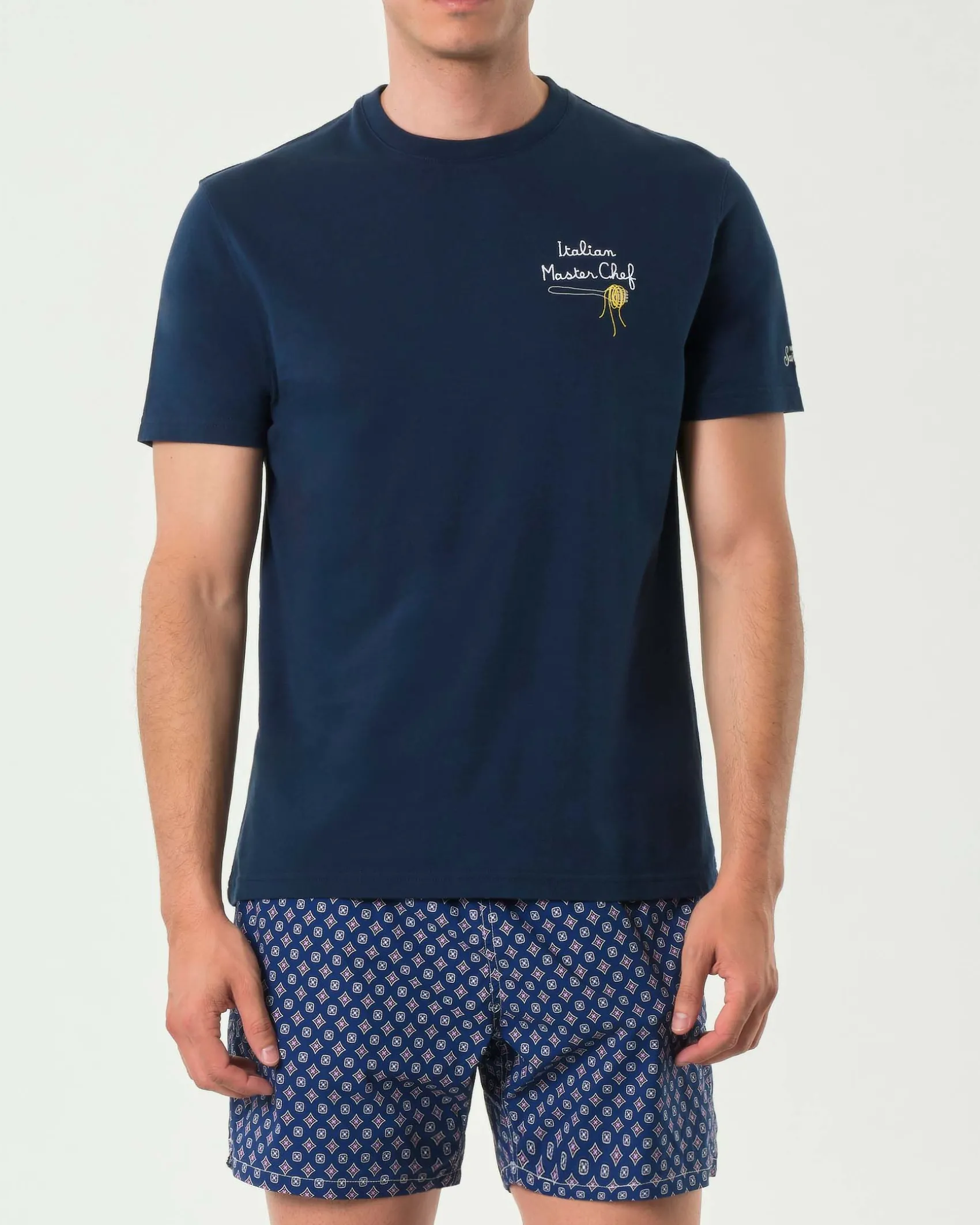 T-shirt MC2 Saint Barth blu con ricamo Italian, Master Chef sul petto