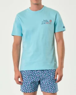 T-shirt MC2 Saint Barth color acqua con ricamo calice e scritta Guarda come dondolo…coon lo spritz! sul petto