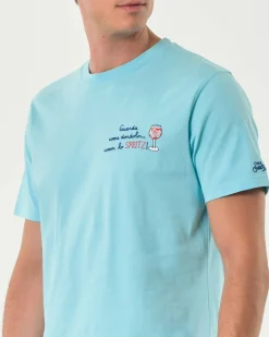 T-shirt MC2 Saint Barth color acqua con ricamo calice e scritta Guarda come dondolo…coon lo spritz! sul petto