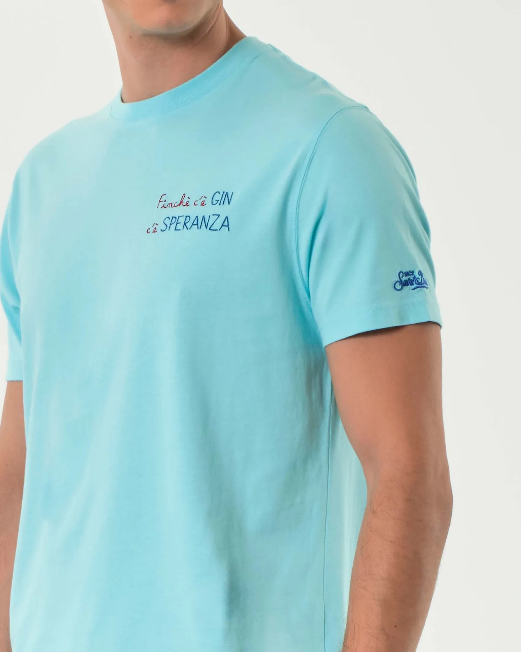 T-shirt MC2 Saint Barth color acqua con ricamo Finchè c'è Gin c'è Speranza sul petto
