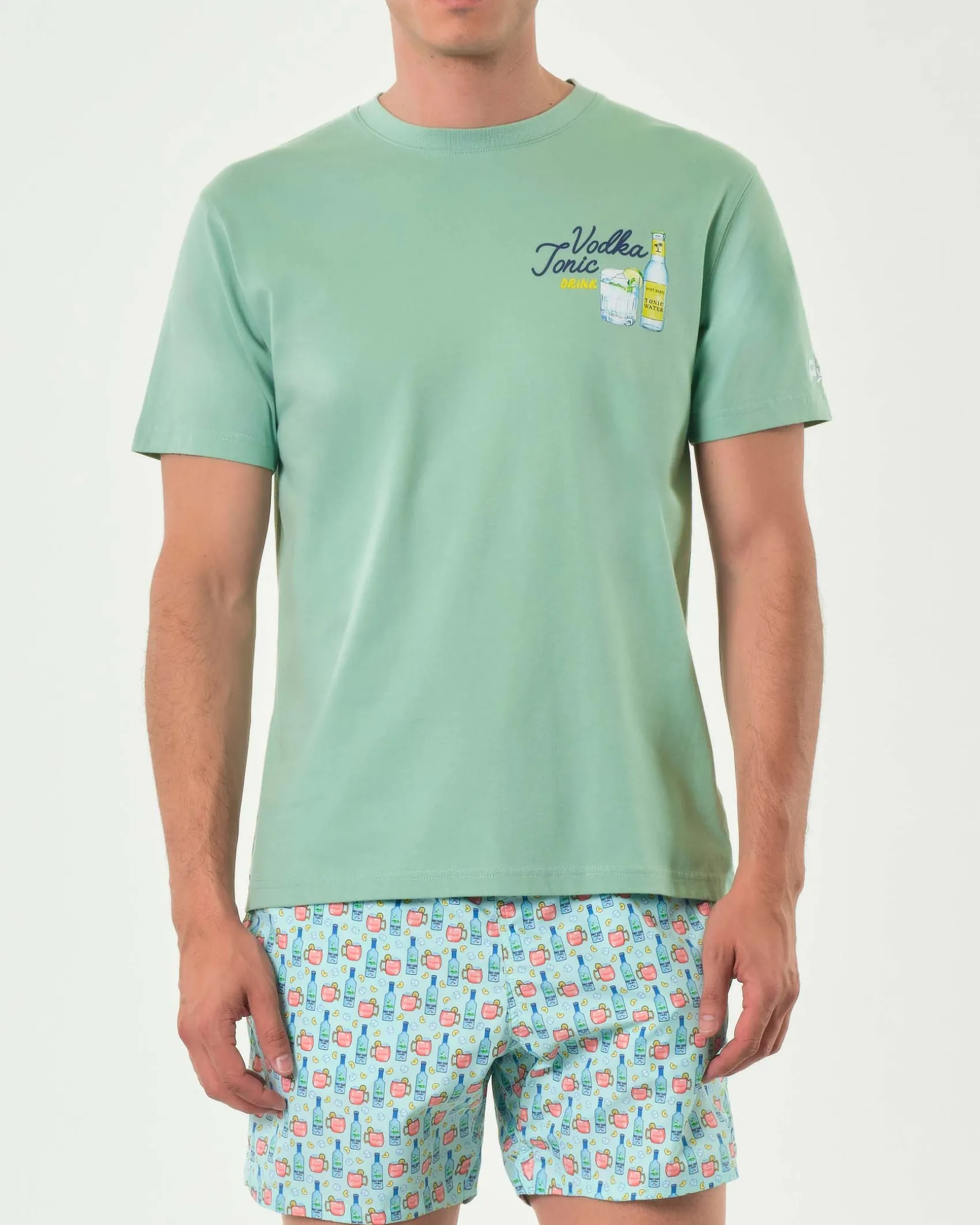 T-shirt MC2 Saint Barth salvia con stampa Vodka Tonic piccola sul petto e maxi sul retro