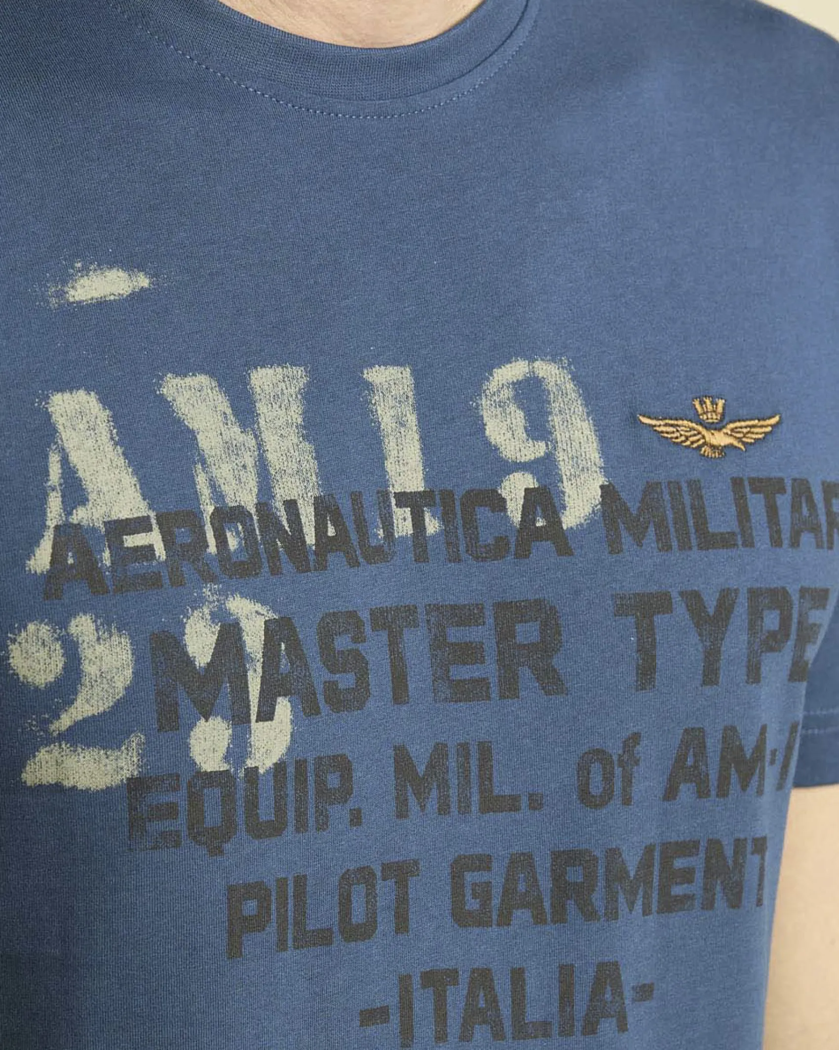 T-shirt mezza manica Aeronautica Militare ottanio con stampa scritte e logo sul petto