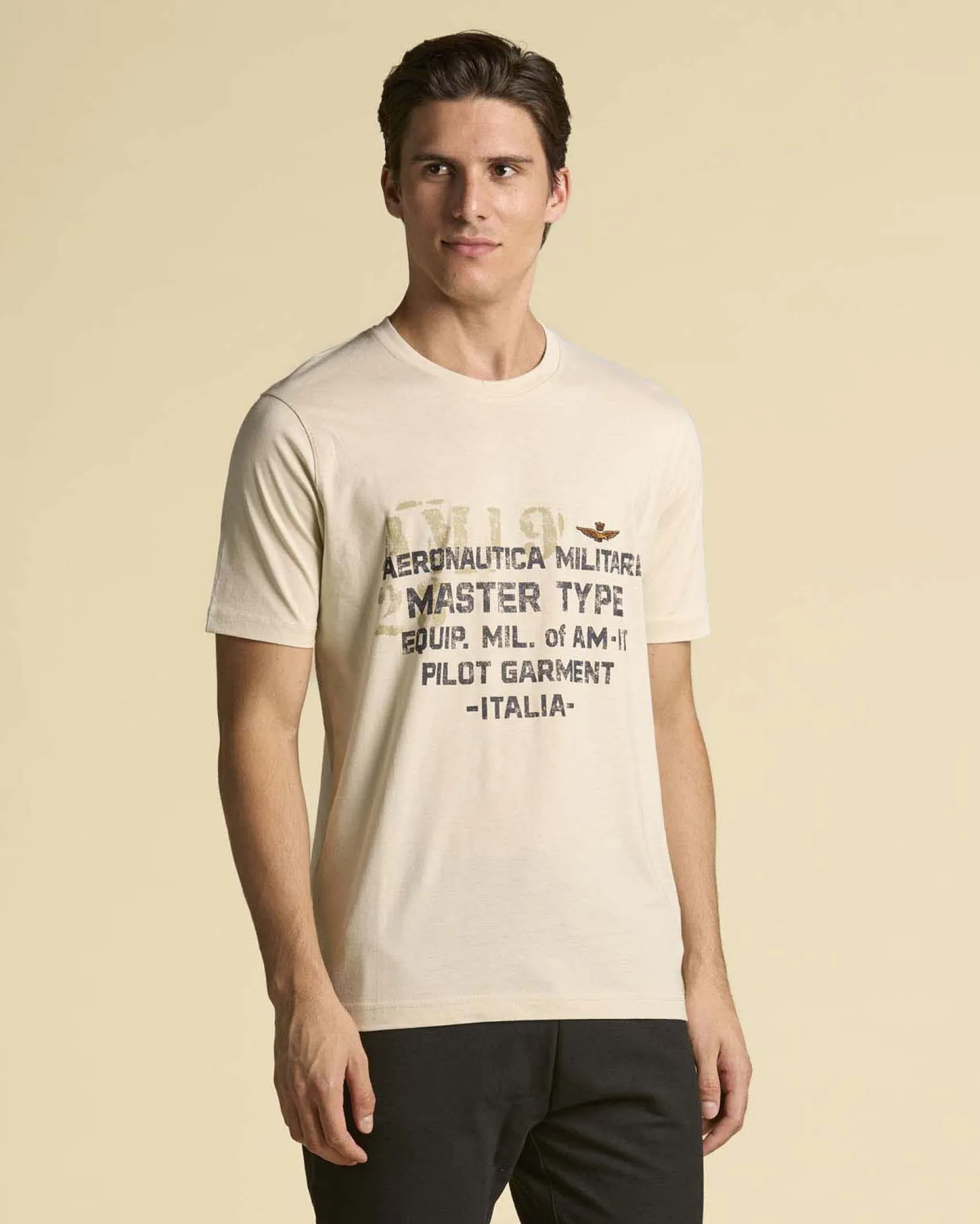 T-shirt mezza manica Aeronautica Militare beige con stampa scritte e logo sul petto