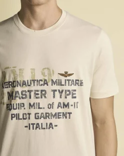 T-shirt mezza manica Aeronautica Militare beige con stampa scritte e logo sul petto