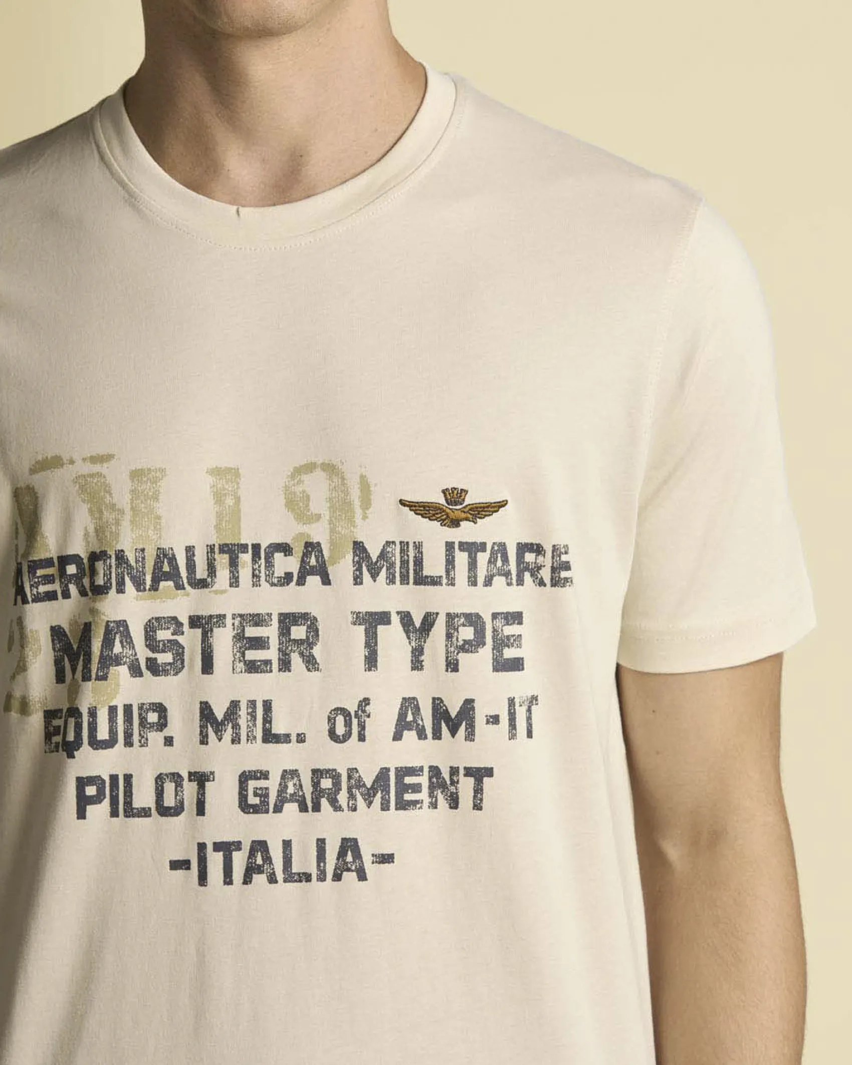 T-shirt mezza manica Aeronautica Militare beige con stampa scritte e logo sul petto