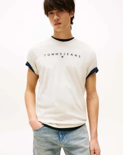 T-shirt mezza manica beige in puro cotone regular fit con scritta logo ricamata sul petto