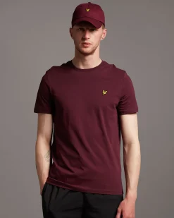T-shirt mezza manica bordeaux in cotone con logo aquila gialla ricamata sul petto