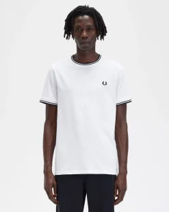 T-shirt mezza manica Fred Perry bianca con bordino nero