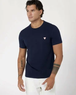 T-shirt mezza manica Guess blu in cotone stretch con stampa logo al petto