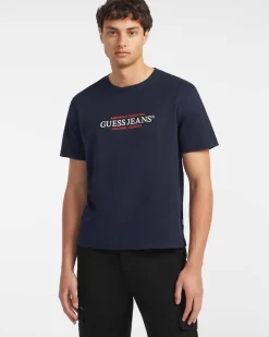 T-shirt mezza manica Guess Jeans blu con logo stampato davanti
