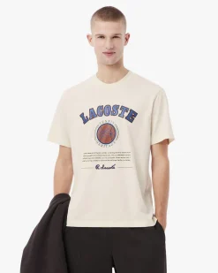 T-shirt mezza manica Lacoste panna in jersey di cotone con stampa Tennis Heritage davanti