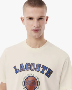 T-shirt mezza manica Lacoste panna in jersey di cotone con stampa Tennis Heritage davanti