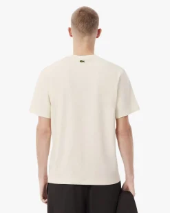 T-shirt mezza manica Lacoste panna in jersey di cotone con stampa Tennis Heritage davanti