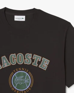 T-shirt mezza manica Lacoste marrone in jersey di cotone con stampa Tennis Heritage davanti