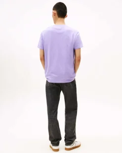 T-shirt mezza manica lilla in puro cotone regular fit con scritta logo ricamata sul petto