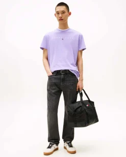 T-shirt mezza manica lilla in puro cotone regular fit con scritta logo ricamata sul petto