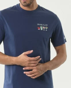 T-shirt mezza manica MC2 Saint Barth blu in puro cotone con ricamo 'Grand Slam' e cocktail sul petto