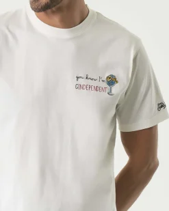 T-shirt mezza manica MC2 Saint Barth bianca in puro cotone con ricamo 'you know I'm Gindependent' e bicchiere sul petto