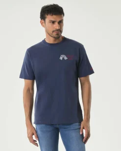T-shirt mezza manica MC2 Saint Barth blu in puro cotone con ricamo 'Gin-Gle bells' e bottiglie sul petto