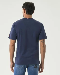 T-shirt mezza manica MC2 Saint Barth blu in puro cotone con ricamo 'Gin-Gle bells' e bottiglie sul petto