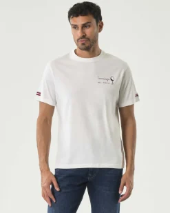 T-shirt mezza manica MC2 Saint Barth bianca in puro cotone con ricamo 'Levateje er vino' e bicchiere sul petto