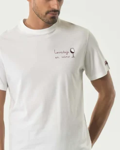 T-shirt mezza manica MC2 Saint Barth bianca in puro cotone con ricamo 'Levateje er vino' e bicchiere sul petto