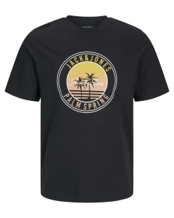 T-shirt mezza manica nera in jersey di puro cotone con stampa grafica logo e palme sul davanti