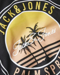 T-shirt mezza manica nera in jersey di puro cotone con stampa grafica logo e palme sul davanti