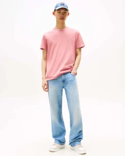 T-shirt mezza manica Tommy Jeans rosa regular-fit in puro cotone con logo flag ricamato sul petto
